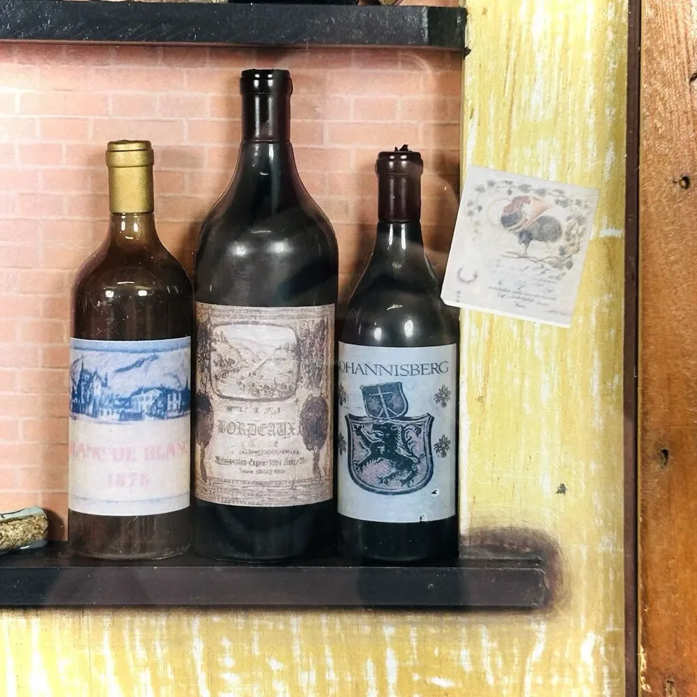 Vintage 3D Wood & Glass Shadow Box Picture Diorama Wine Bottles/Openers Shelves